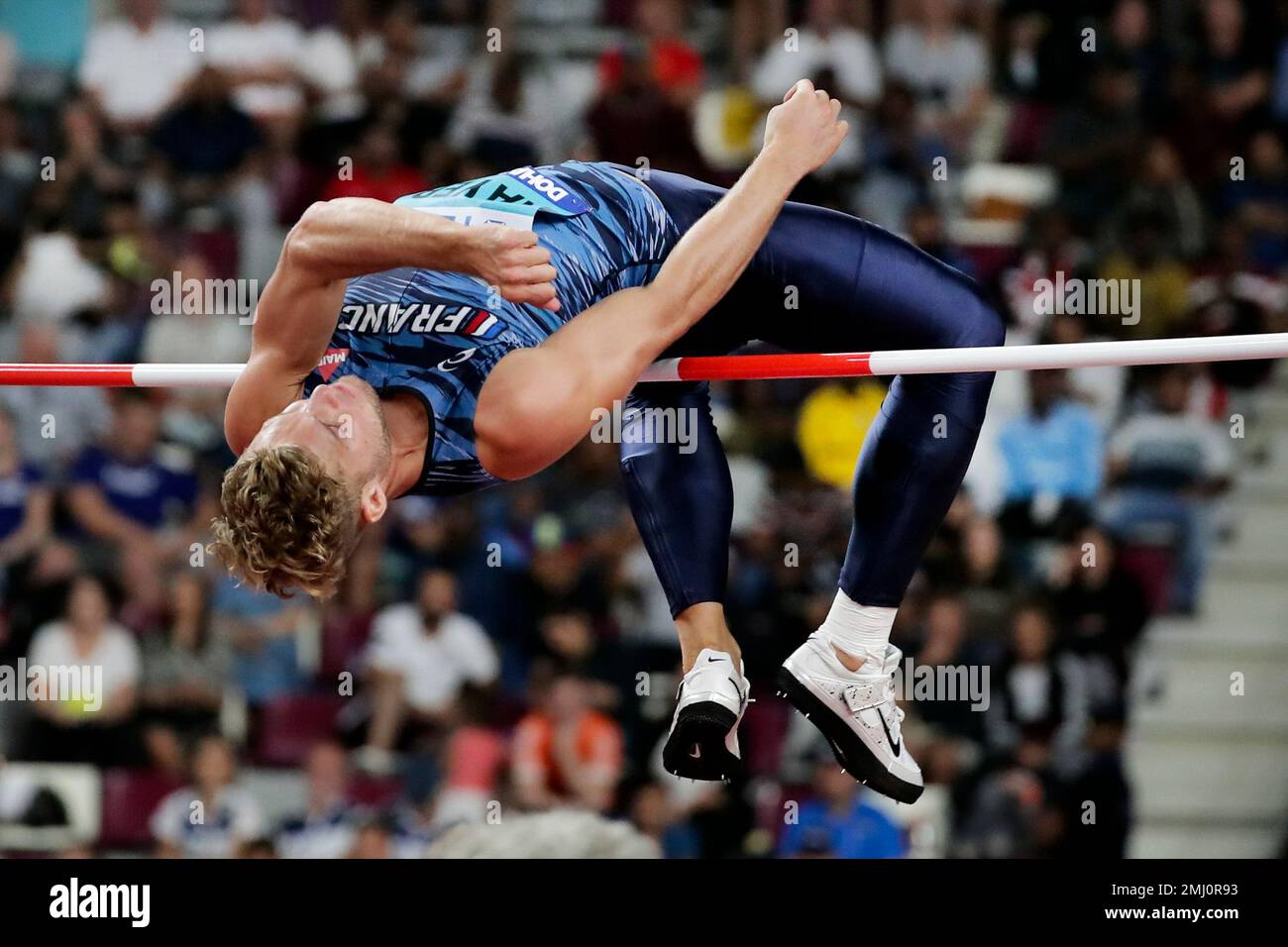 Kevin Mayer, of France, competes in the men's decathlon high jump at the World Athletics