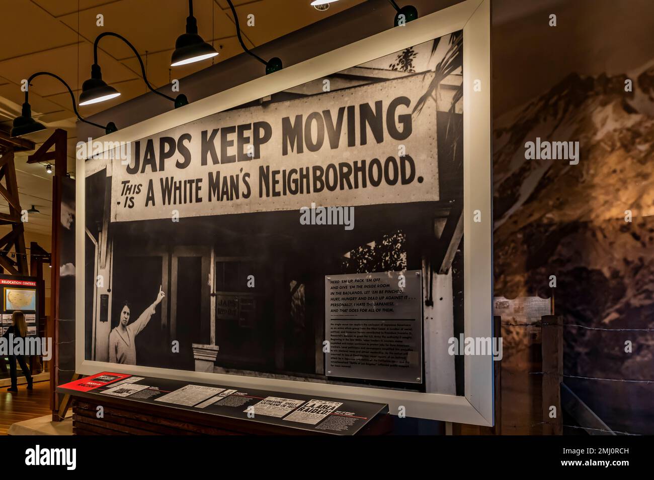 'Japs Keep Moving' racism exhibit in NPS Visitor Center at Manzanar National Historic Site, Owens Valley, California, USA [No model release; editorial Stock Photo