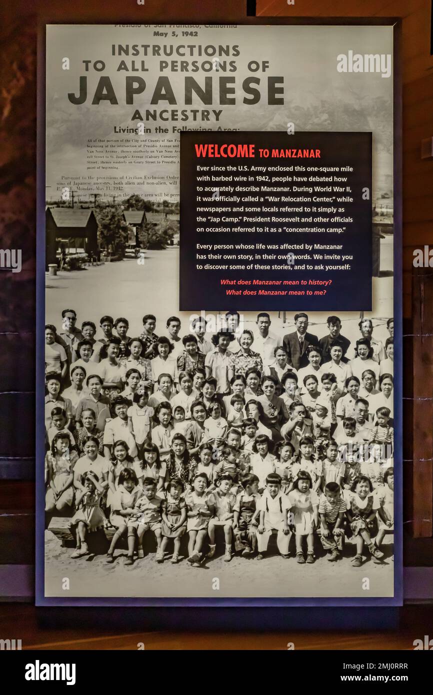 Exhibit about name of Manzanar concentration camp in NPS Visitor Center at Manzanar National Historic Site, Owens Valley, California, USA Stock Photo