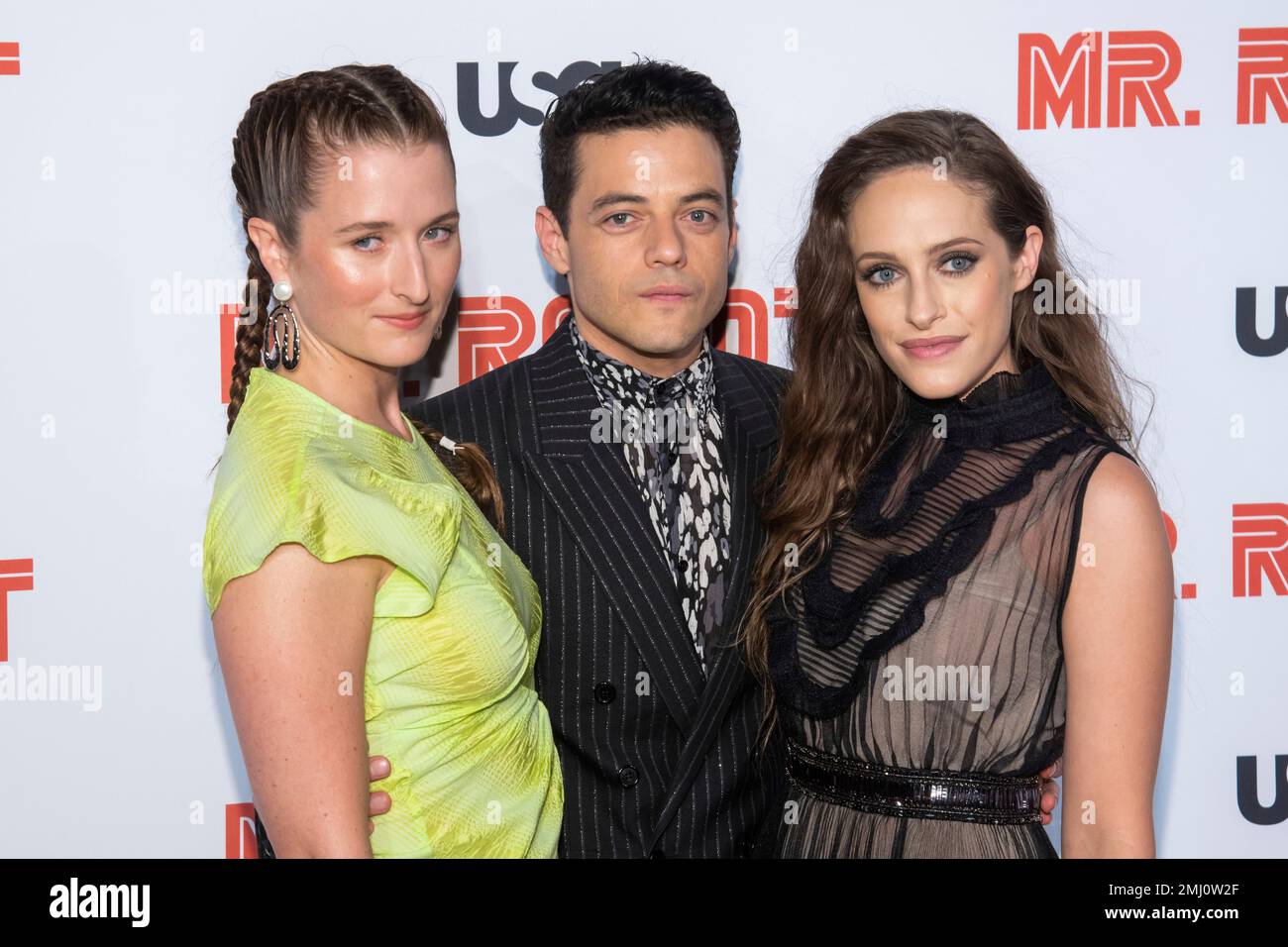 L-R: Actors Grace Gummer, Rami Malek and Carly Chaiken attend the sesaon  four premiere of USA's Mr. Robot at Village East Cinema in New York, NY on  October 1, 2019. (Photo by