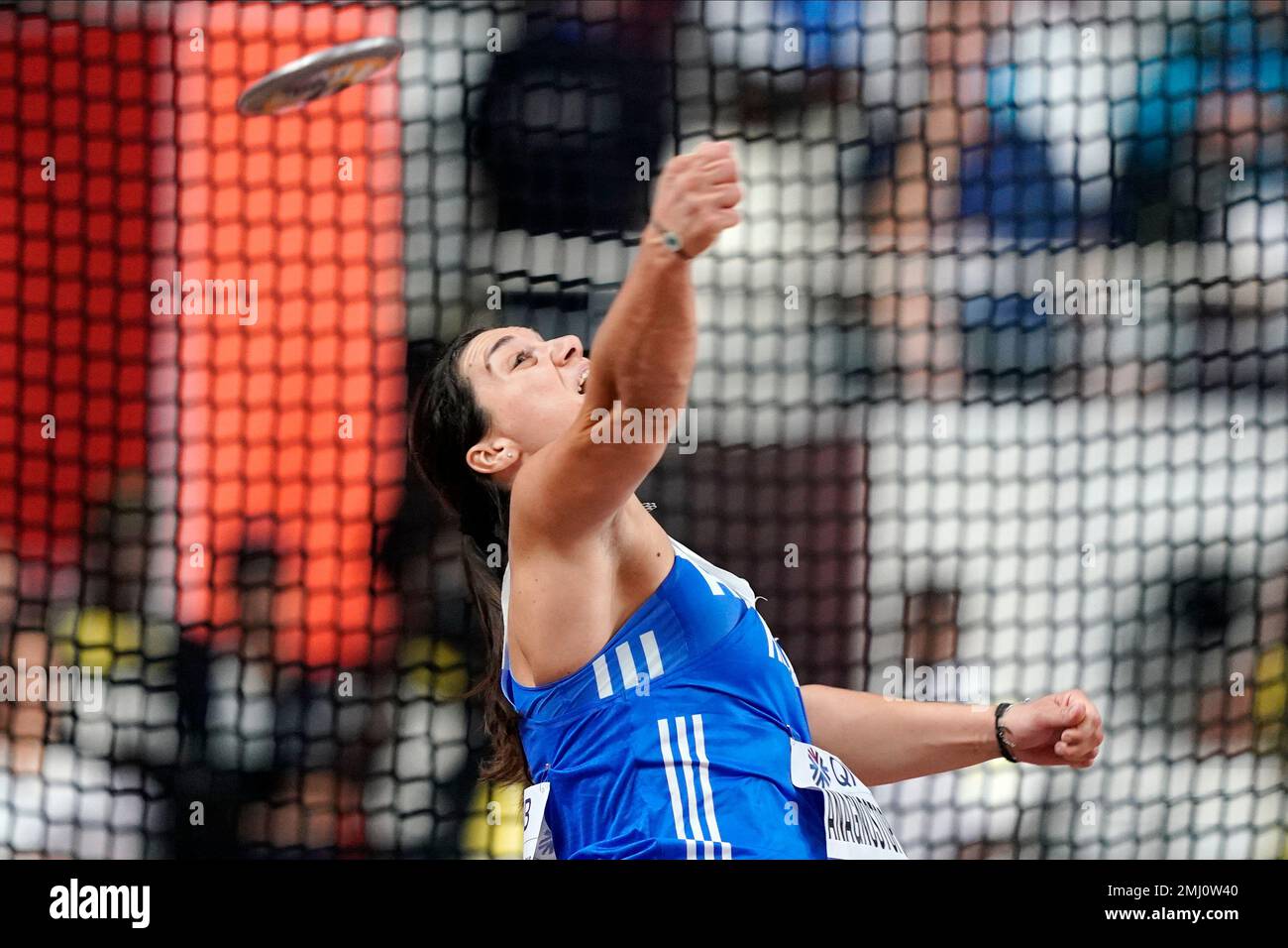 Chrysoula Anagnostopoulou, of Greece, competes in the women's discus