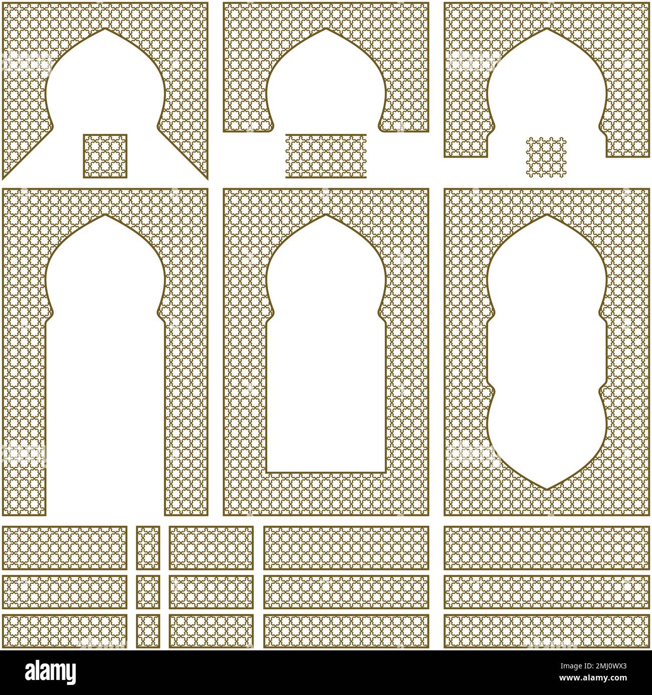 Arches, frames and additional design elements. Arabic geometric ornament.Brown color. Stock Vector