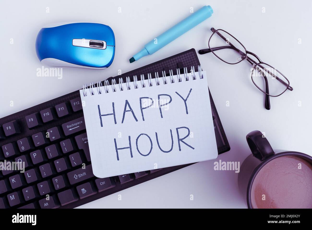 Hand writing sign Happy Hour. Concept meaning Spending time for activities that makes you relax for a while Stock Photo