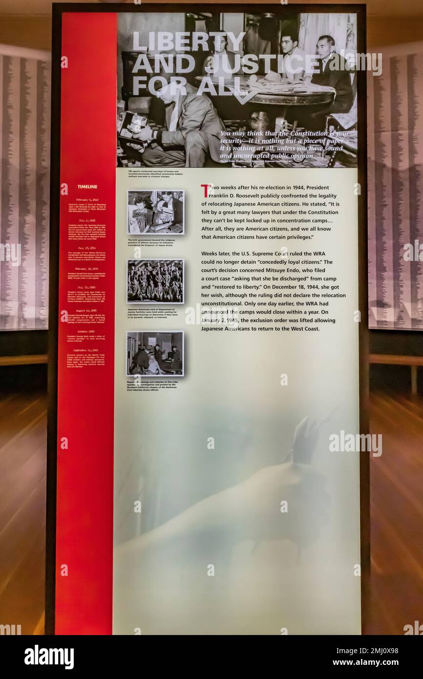 Exhibit about legality of relocation camps, at Manzanar National Historic Site, Owens Valley, California, USA Stock Photo