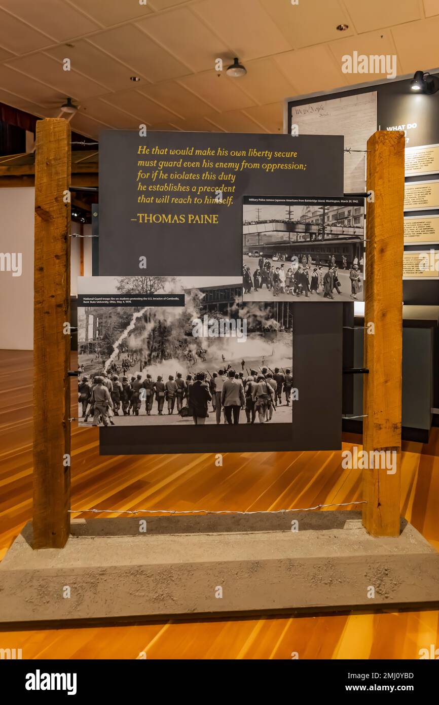 Exhibit examining Kent State and civil rights protests as response to government action, Manzanar National Historic Site, Owens Valley, California, US Stock Photo