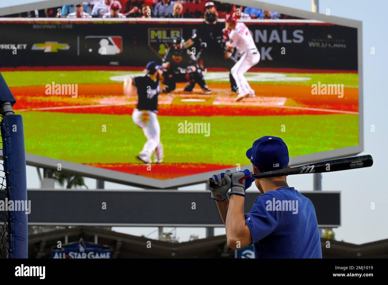 Corey Seager of the Los Angeles Dodgers bats against the Washington  Nationals during the fifth inning in game…