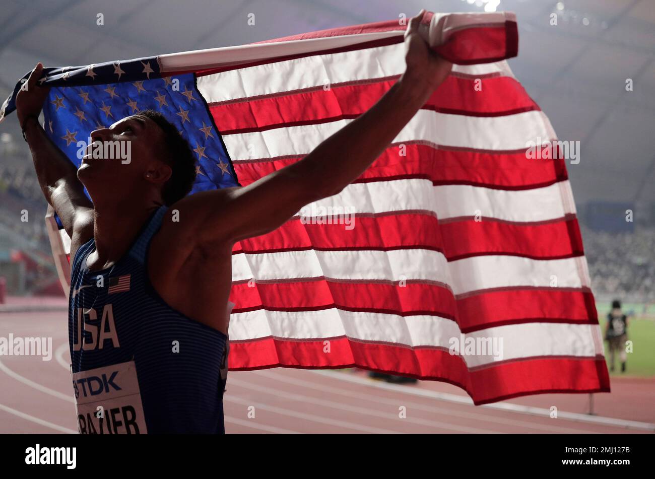 Donavan Brazier, of the U.S. celebrates after winning the gold medal in