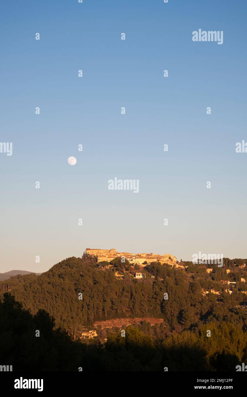 Le Castellet village with the moon and copy space, Var department of the Provence-Alpes-Côte d'Azur region, South of France, a travel destination Stock Photo