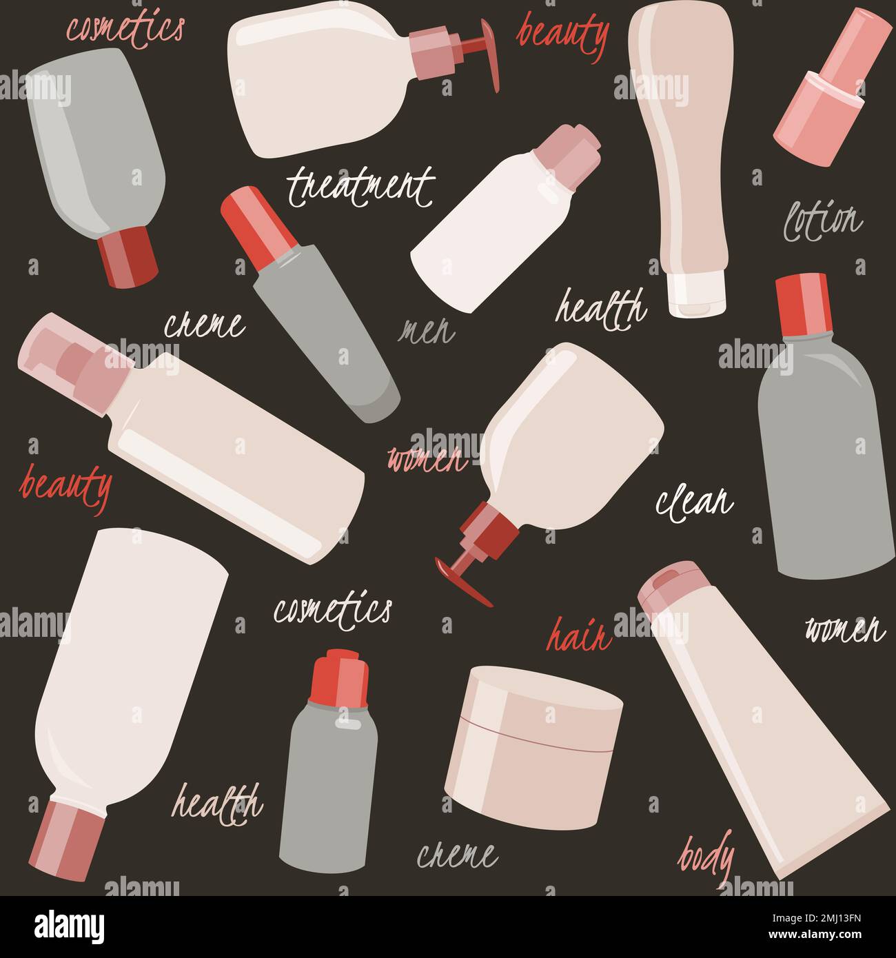 Seamless pattern with cosmetics bottles and text over black Stock Vector