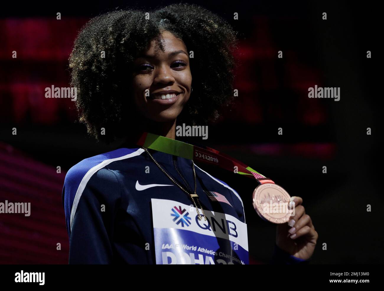 Vashti Cunningham, of the United States, bronze medalist, poses during