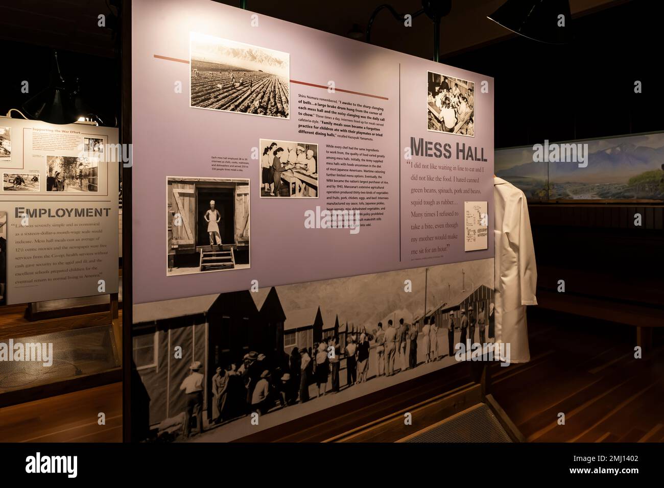 Exhibit about concentration camp mess halls in NPS Visitor Center at Manzanar National Historic Site, Owens Valley, California, USA Stock Photo