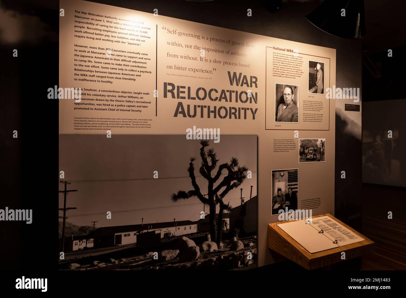 Exhibit about War Relocation Authority NPS Visitor Center at Manzanar National Historic Site, Owens Valley, California, USA Stock Photo