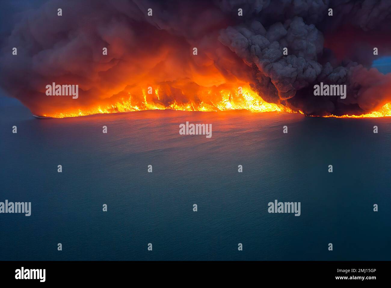 Burning Oil Spill, Huge Fire and Thick And Dense Smoke over an Oil