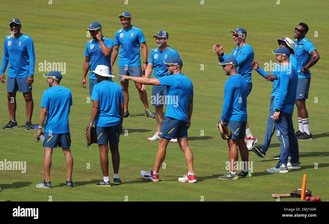 South Africa cricket captain Faf du Plessis, third from left front row, gestures along with team members during a practice session in Visakhapatnam, India, Tuesday, Oct