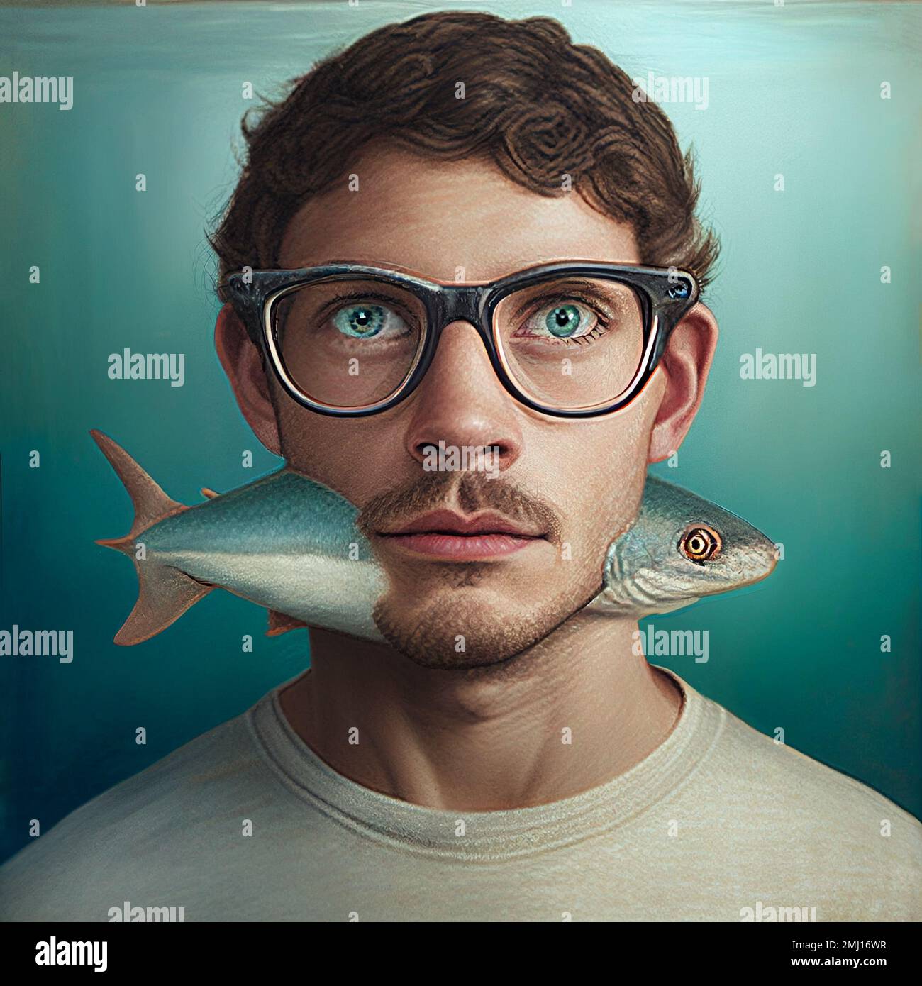 Portrait of a young man with a fish going through his chin, surreal fantasy creature, illustration Stock Photo