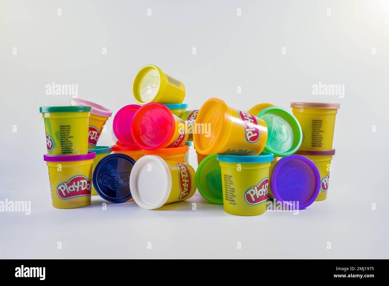 Cardiff Mid Glamorgan Wales UK January 27 2023 assorted cans of play doh modelling clay play dough in small sealable tubs for creating art and sculptu Stock Photo