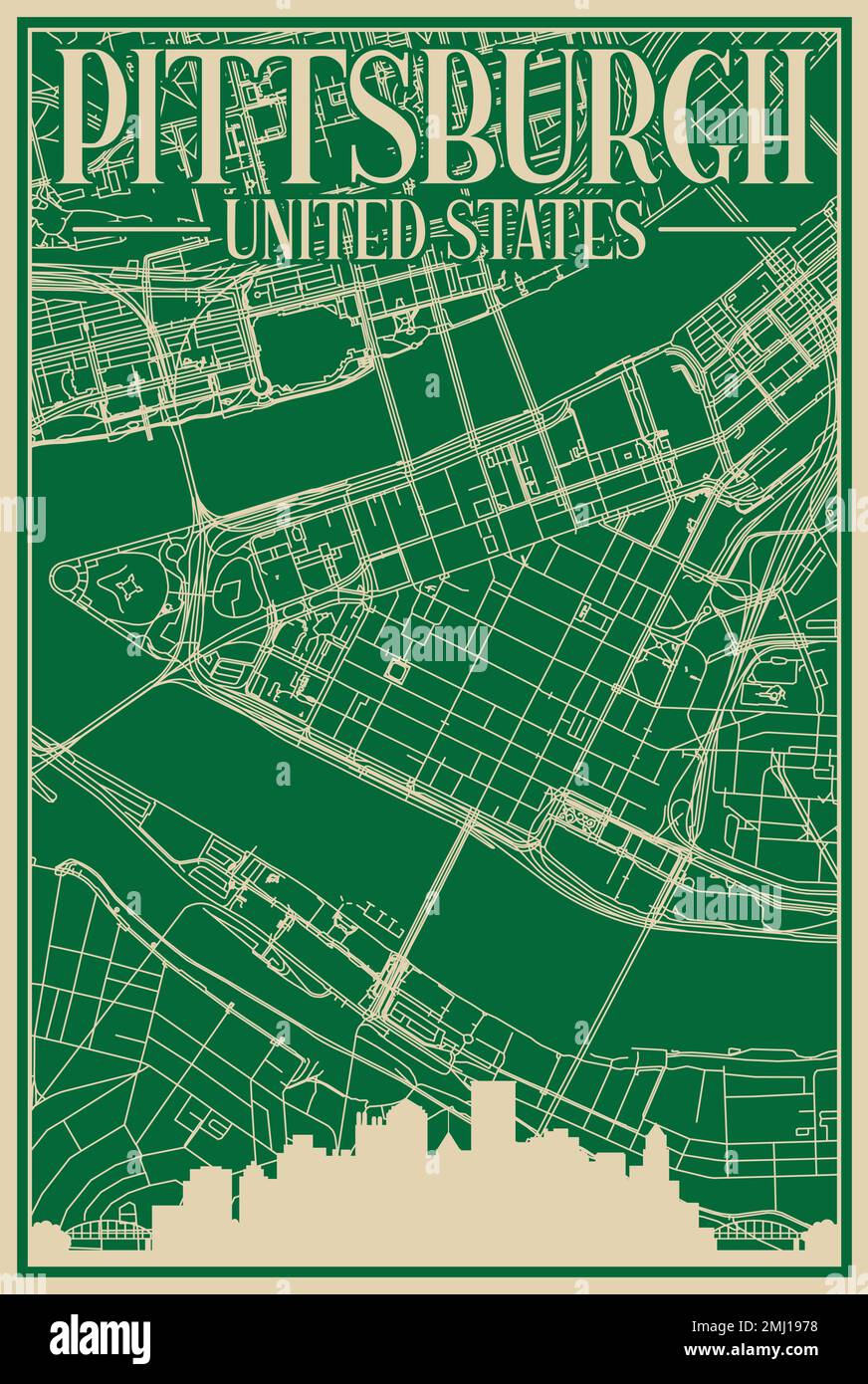 Road network poster of the downtown PITTSBURGH, UNITED STATES OF