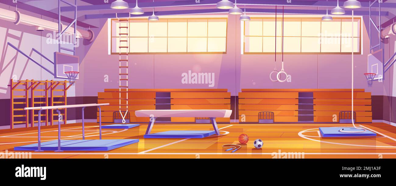 School gymnasium with sport equipment, basketball and soccer balls, baskets on walls, bars