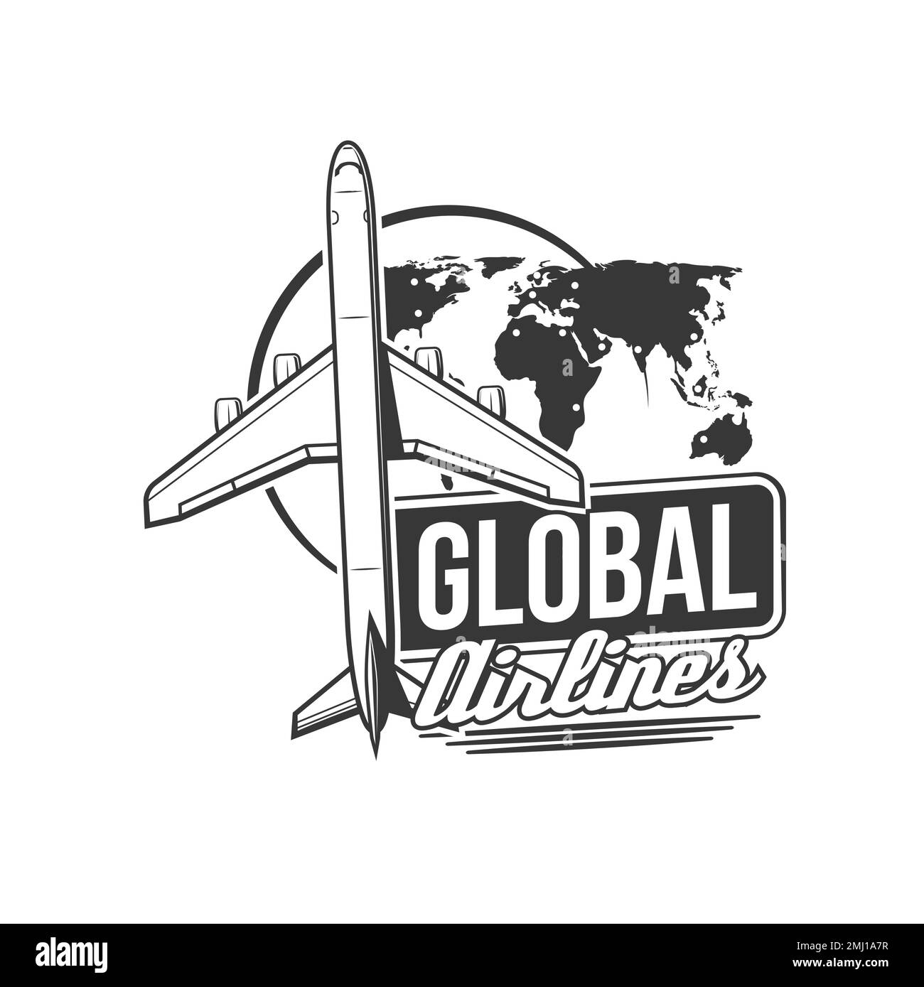 Global airlines icon. Airplane passenger and cargo transportation industry, airline company monochrome label, vector retro emblem or icon with flying airliner plane, world map silhouette Stock Vector