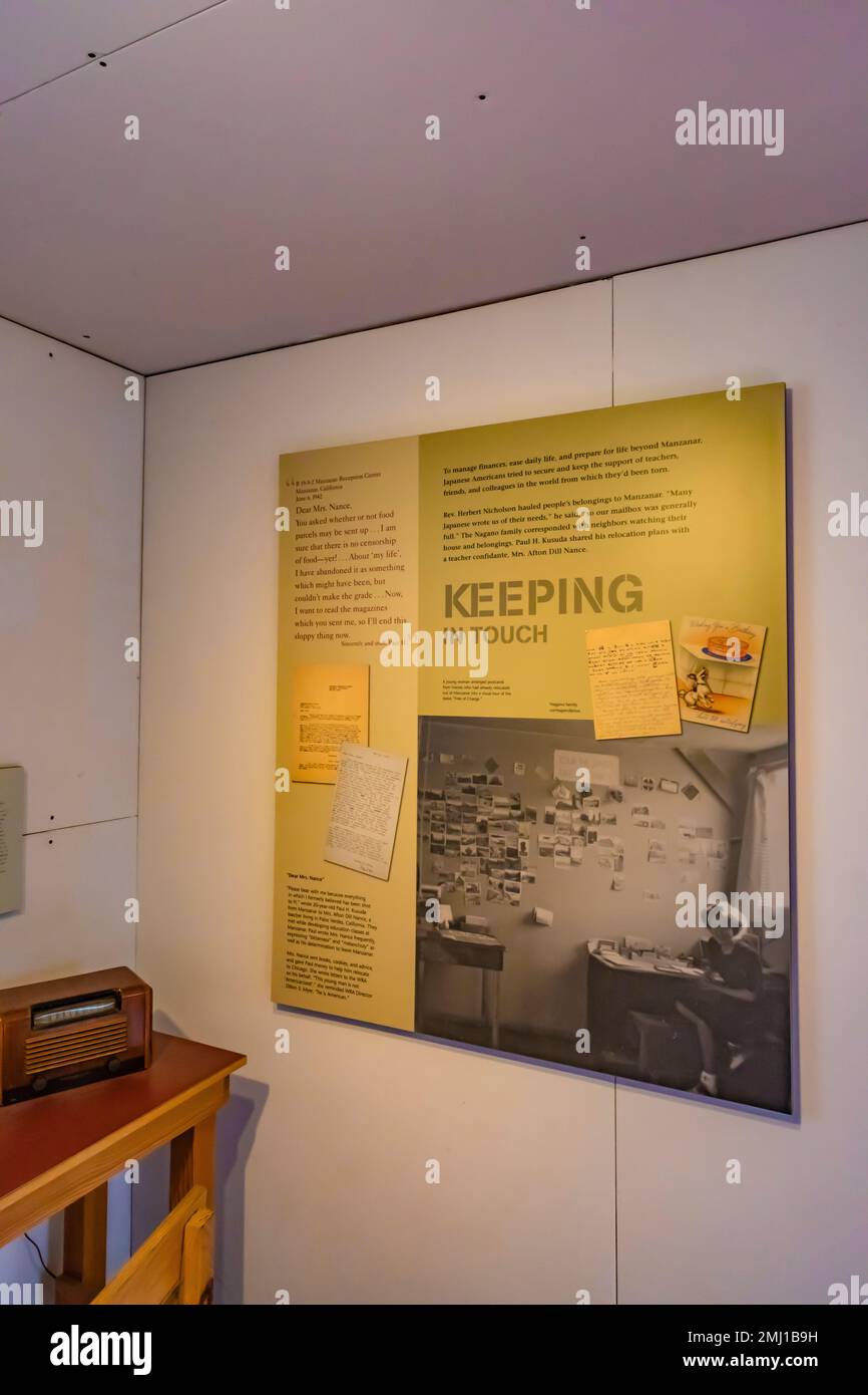Exhibit about how interned residents stayed in touch with their former lives in Manzanar National Historic Site, Owens Valley, California, USA Stock Photo