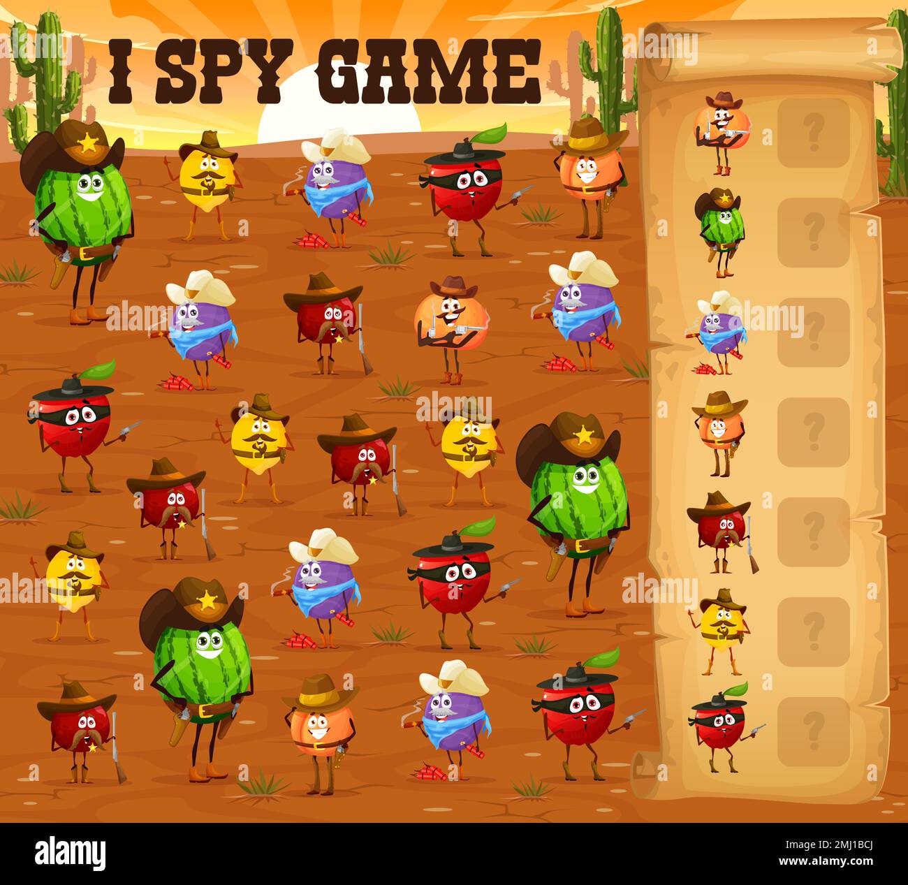 I spy game, cartoon fruit cowboy, ranger, sheriff and robber characters ...