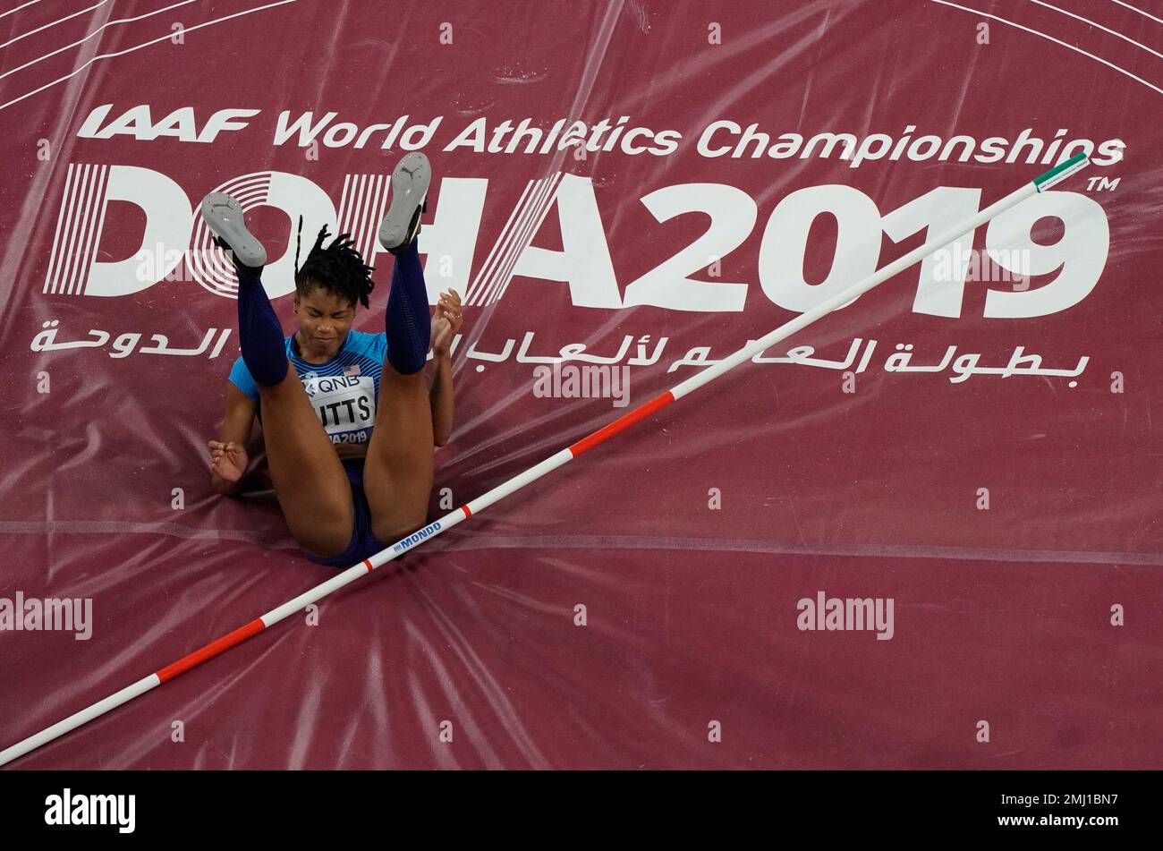 Tynita Butts, of the United States, can't clear the bar during the