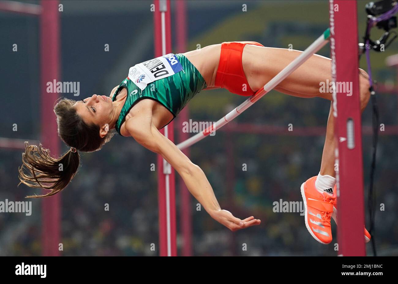 Karyna Demidik, of Belarus, competes in the women's high jump final at ...