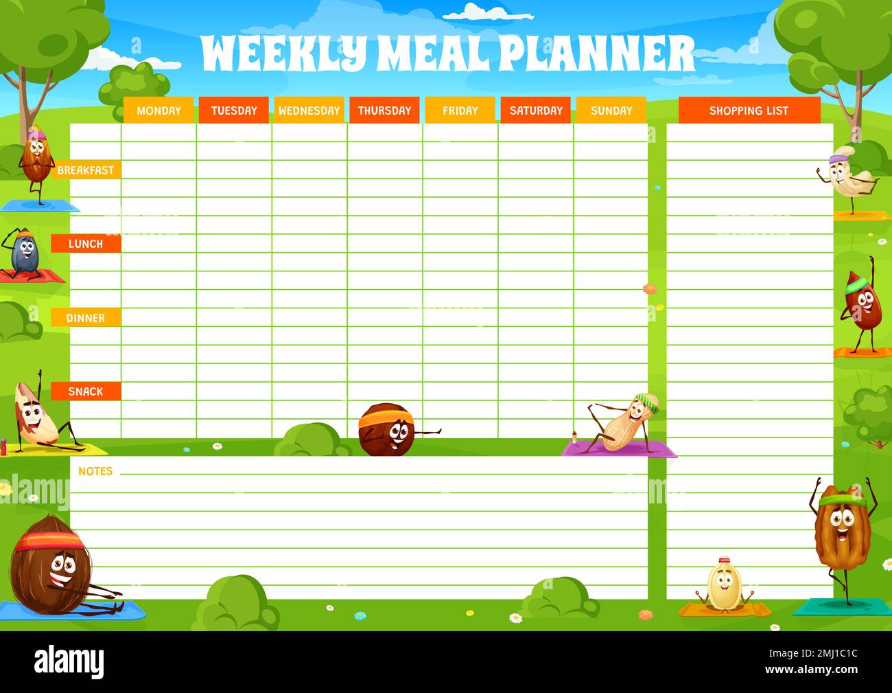 Kids yoga and fitness class, weekly meal planner. Vector menu calendar or  timetable with funny nuts