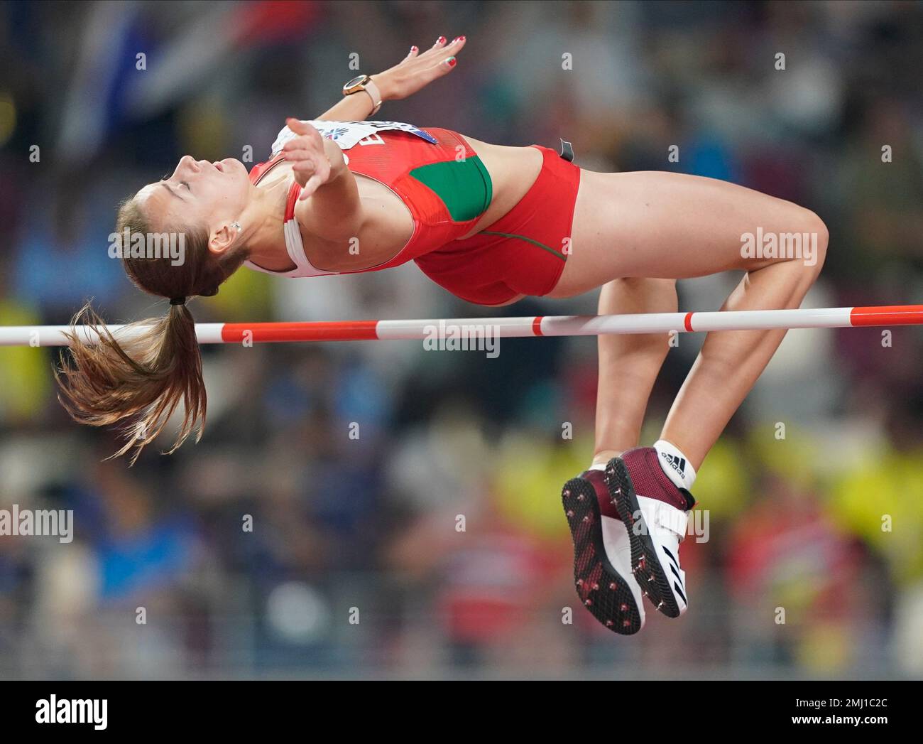 Karyna Demidik, of Belarus, competes in the women's high jump final at the World Athletics Championships in Doha, Qatar, Monday, Sept. 30, 2019. (AP Photo/David J. Phillip) Stock Photo