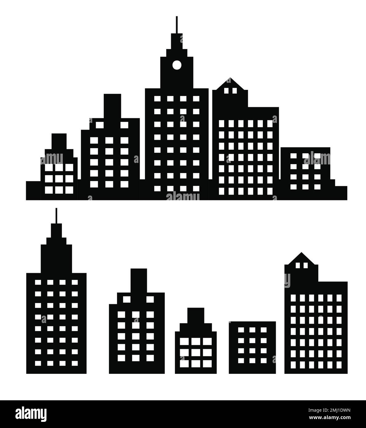 A flat black skyscraper and low-rise building silhouette set of vector ...