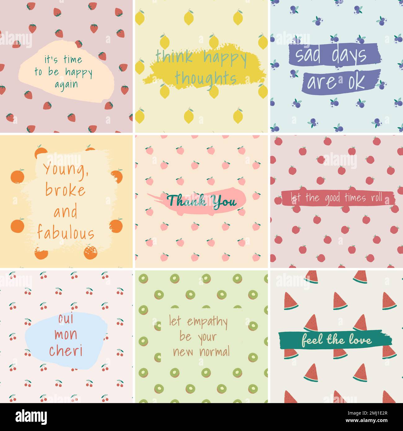 Vector fruit pattern quote social media post template set Stock Vector
