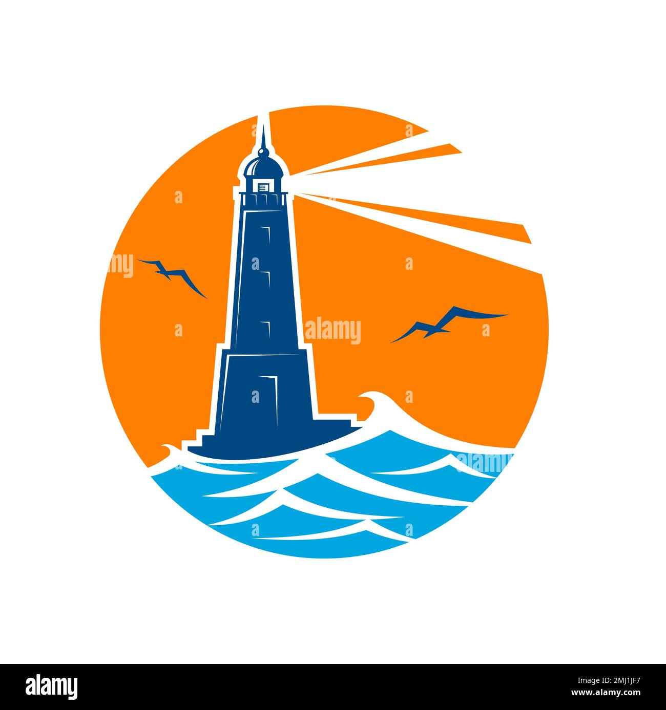 Lighthouse and beacon icon. Vector round emblem seafarer with beam ...