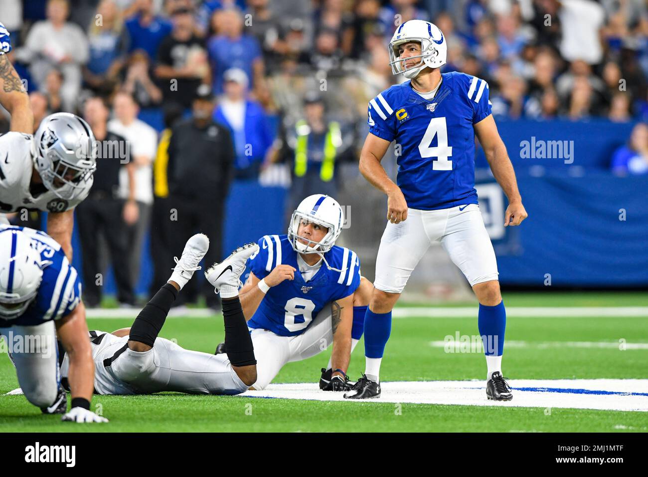 Indianapolis Colts kicker Adam Vinatieri (4) misses a field goal front he  hole of punter Rigoberto Sanchez (8) during the first half of an NFL  football game in Indianapolis, Sunday, Sept. 29