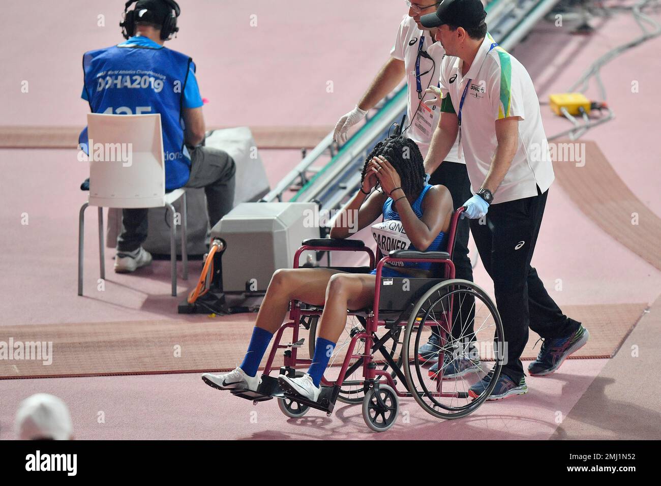 English Gardner, of the United States, leaves the track on a wheelchair