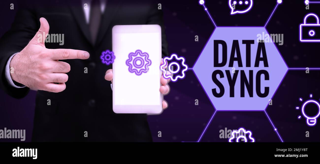 Text caption presenting Data Sync, Conceptual photo data that is continuously generated by different sources Stock Photo
