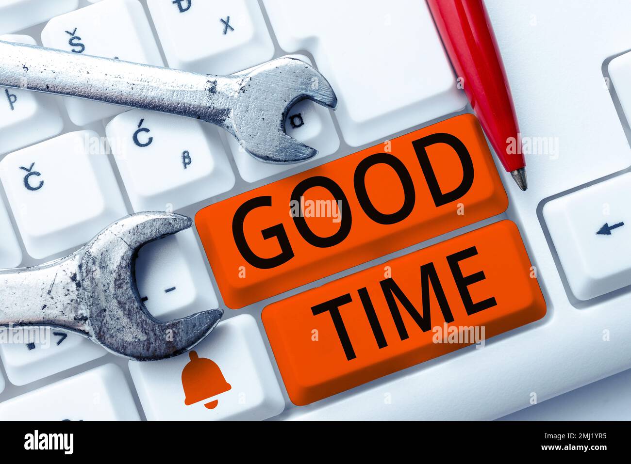 Hand writing sign Good Time, Word for the right moment to do something