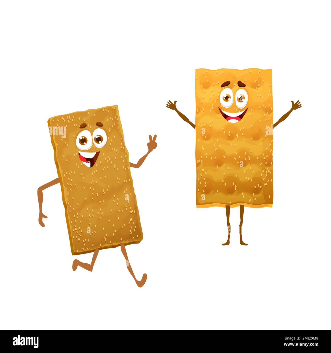 Cartoon scandinavian knakerbrot character. Isolated vector funny slices of traditional crisp bread, cute knackebrod with sesame seeds food personages smiling and waving hands. Healthy crispbread meal Stock Vector