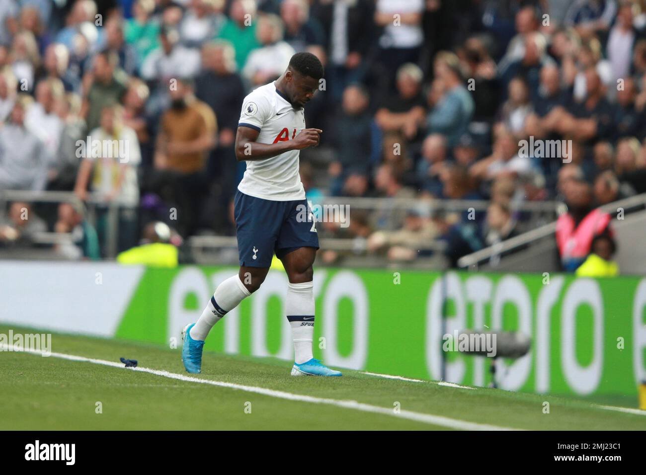 Tottenham's Serge Aurier walks off the pitch after receiving a red during the Premier League soccer match between Tottenham Hotspur and Southampton at the Lane stadium in London,