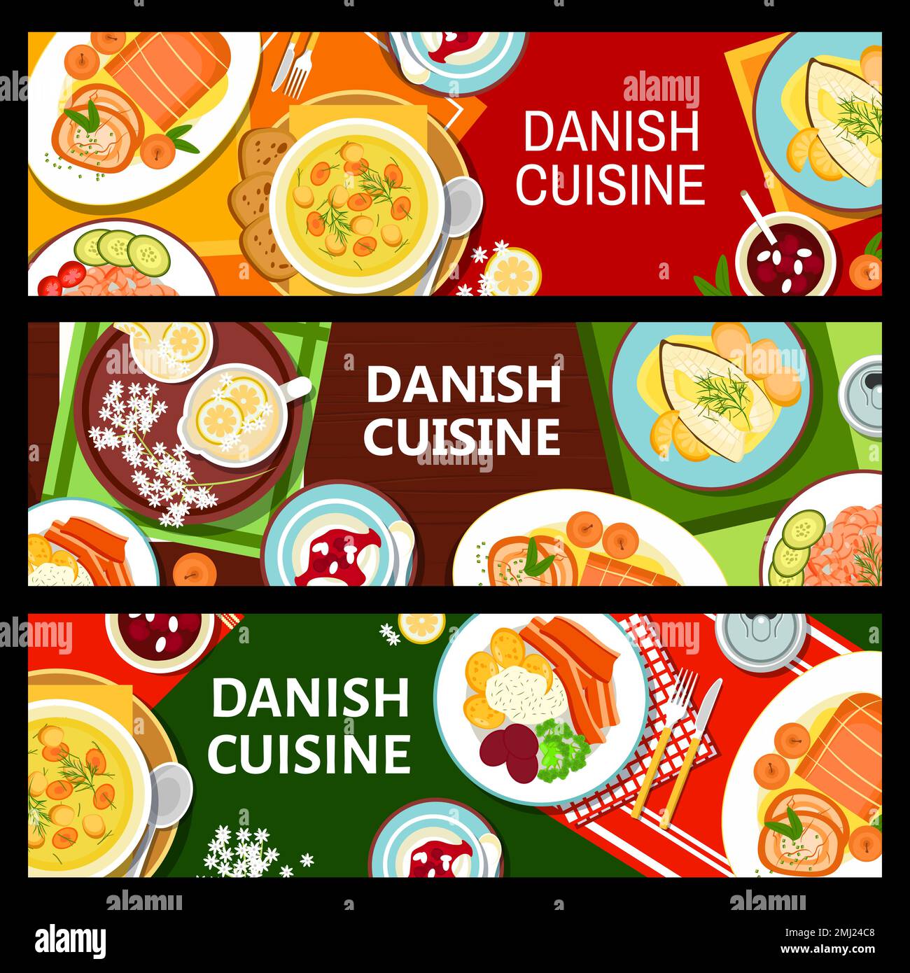Danish cuisine meals menu banners. Roast pork with baked apples, meatball potato soup and elderflower lemonade, shrimp cocktail, fried cod and pork belly and parsley sauce, almond pudding Risalamande Stock Vector