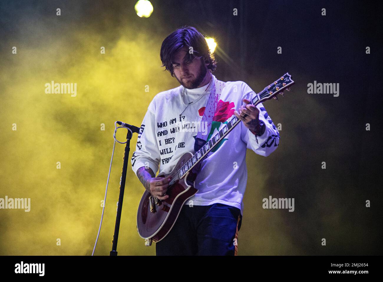 Neil Westfall of A Day to Remember performs during Louder Than Life at  Highland Festival Grounds at KY Expo Center on Friday, Sept. 27, 2019, in  Louisville, Ky. (Photo by Amy Harris/Invision/AP, image size:1300x956