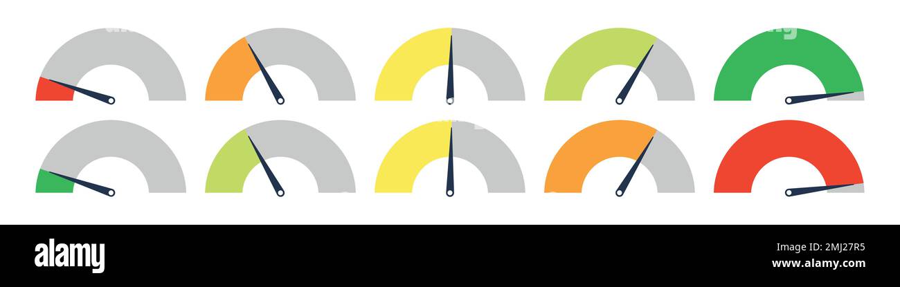 Set of different meter gauge element. Green and red, low and high barometers,bad and good level or risk scale. Vector isolated illustration Stock Vector