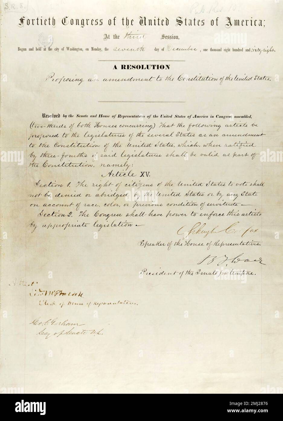 Fifteenth Amendment to the United States Constitution, 1870. The 15th Amendment (Amendment XV) to the United States Constitution prohibits the federal government and each state from denying or abridging a citizen's right to vote 'on account of race, color, or previous condition of servitude.' Stock Photo
