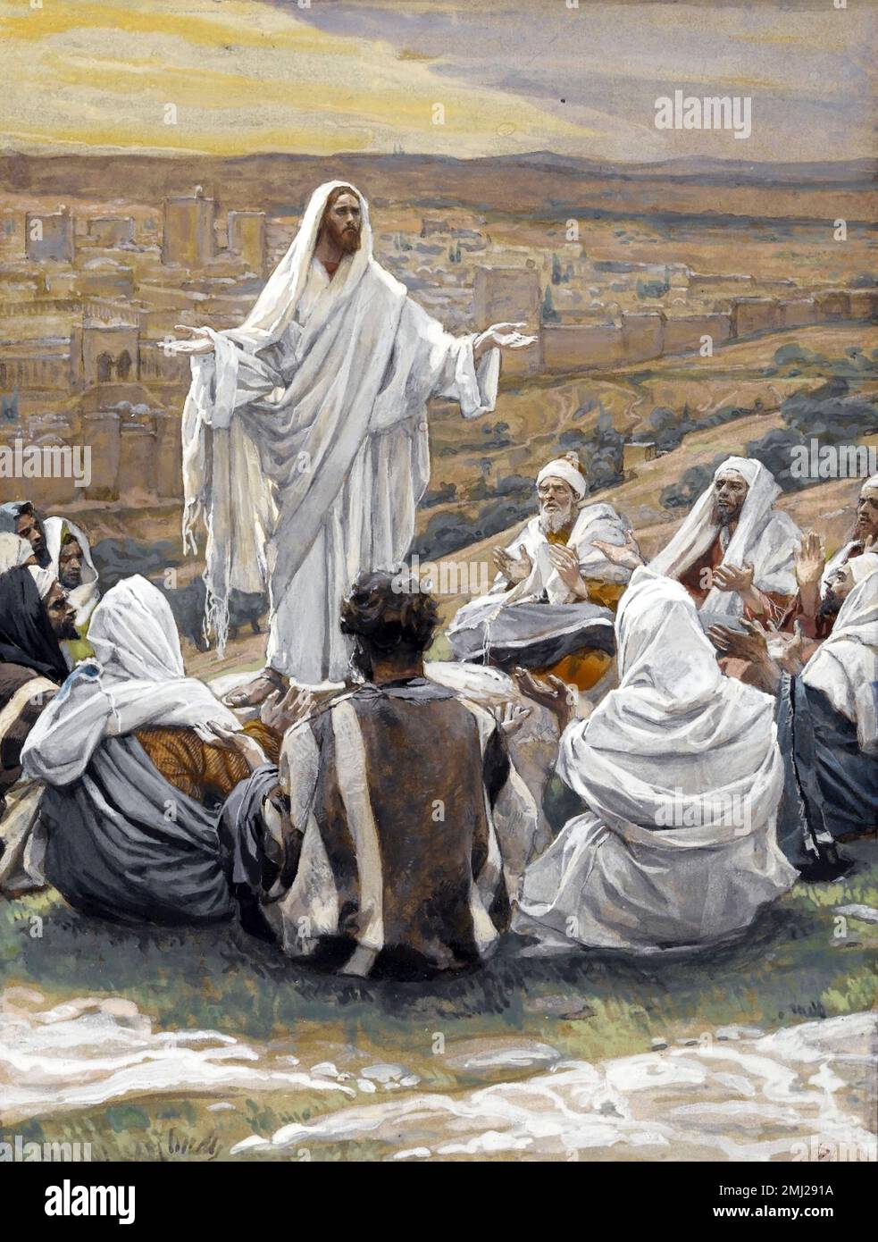 James Tissot. Painting entitled 'The Lord's Prayer (Le 'Pater Noster')' by the French artist, Jacques Joseph Tissot (1836 -1902), opaque watercolor over graphite on gray wove paper, c.1886-96. Jesus is asked by his disciples to teach them to pray. Stock Photo
