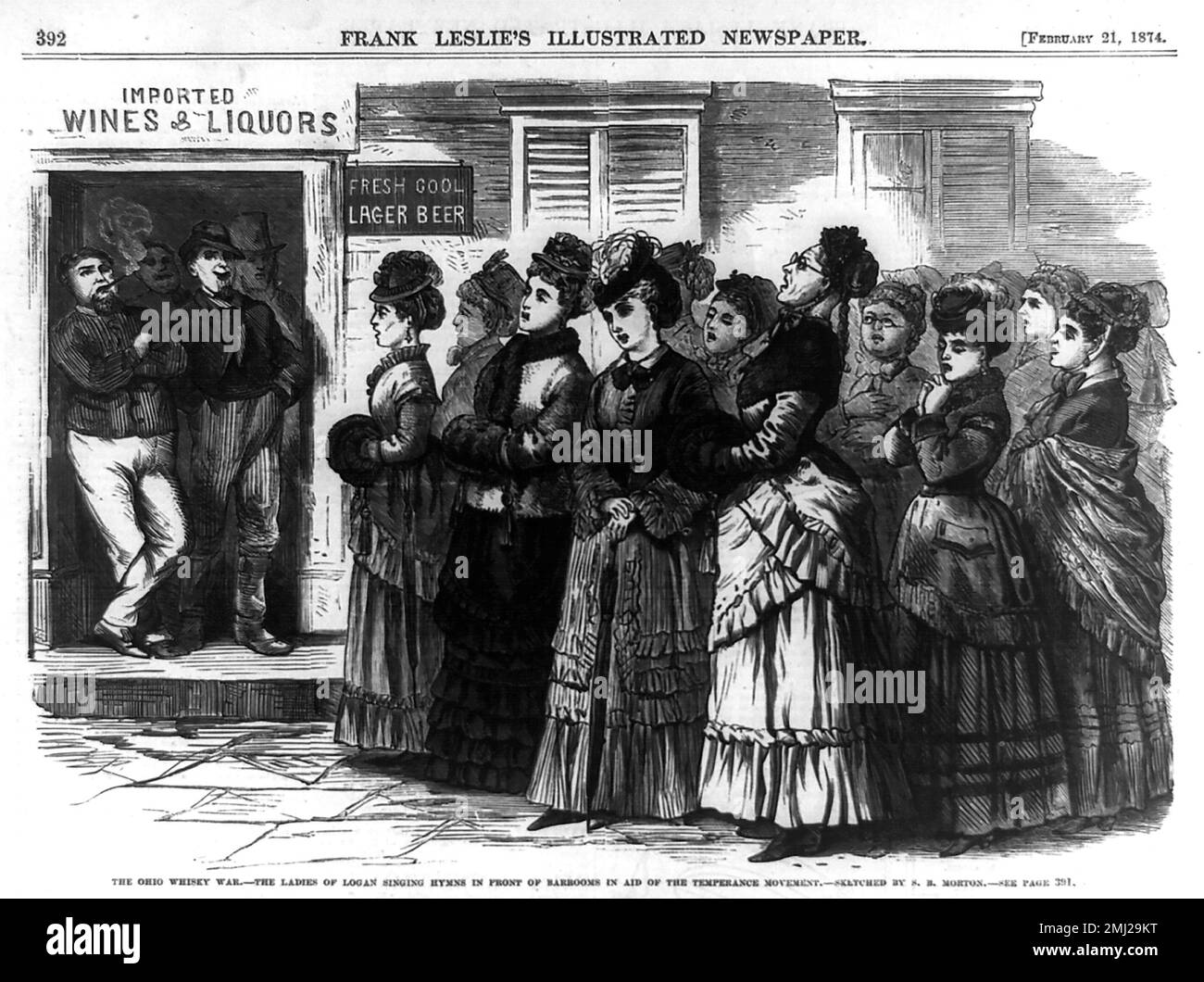 The Temperance Movement. Engraving entitled 'The Ohio whiskey war - the ladies of Logan singing hymns in front of barrooms in aid of the temperance movement' by S B Morton, 1874 Stock Photo