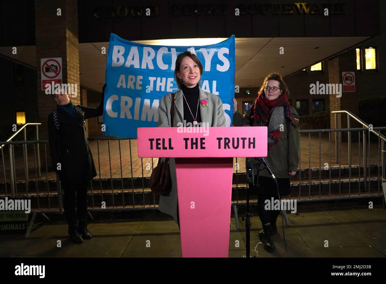 Climate protester Sophie Cowen, 32, speaking outside Southwark Crown Court, London, after being given a sentence of iz months suspended for two years, after being found guilty of causing almost £100,000 in damage for smashing glass windows at the London headquarters of Barclays bank. Picture date: Friday January 27, 2023. Stock Photo