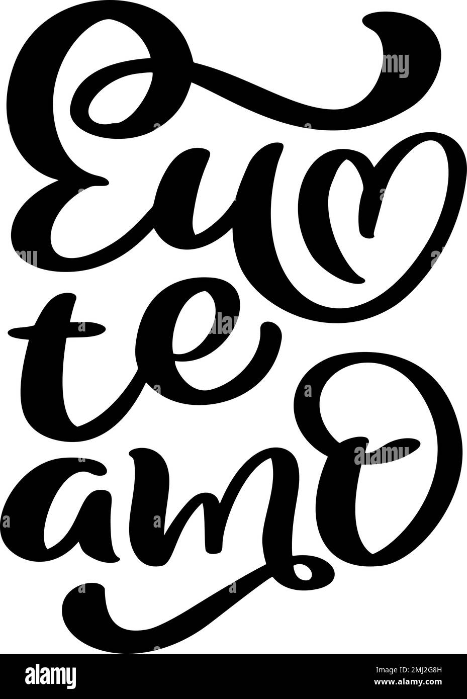 I love you on Portuguese Eu te Amo. Black vector calligraphy lettering text with heart. Holiday quote design for valentine greeting card, phrase Stock Vector