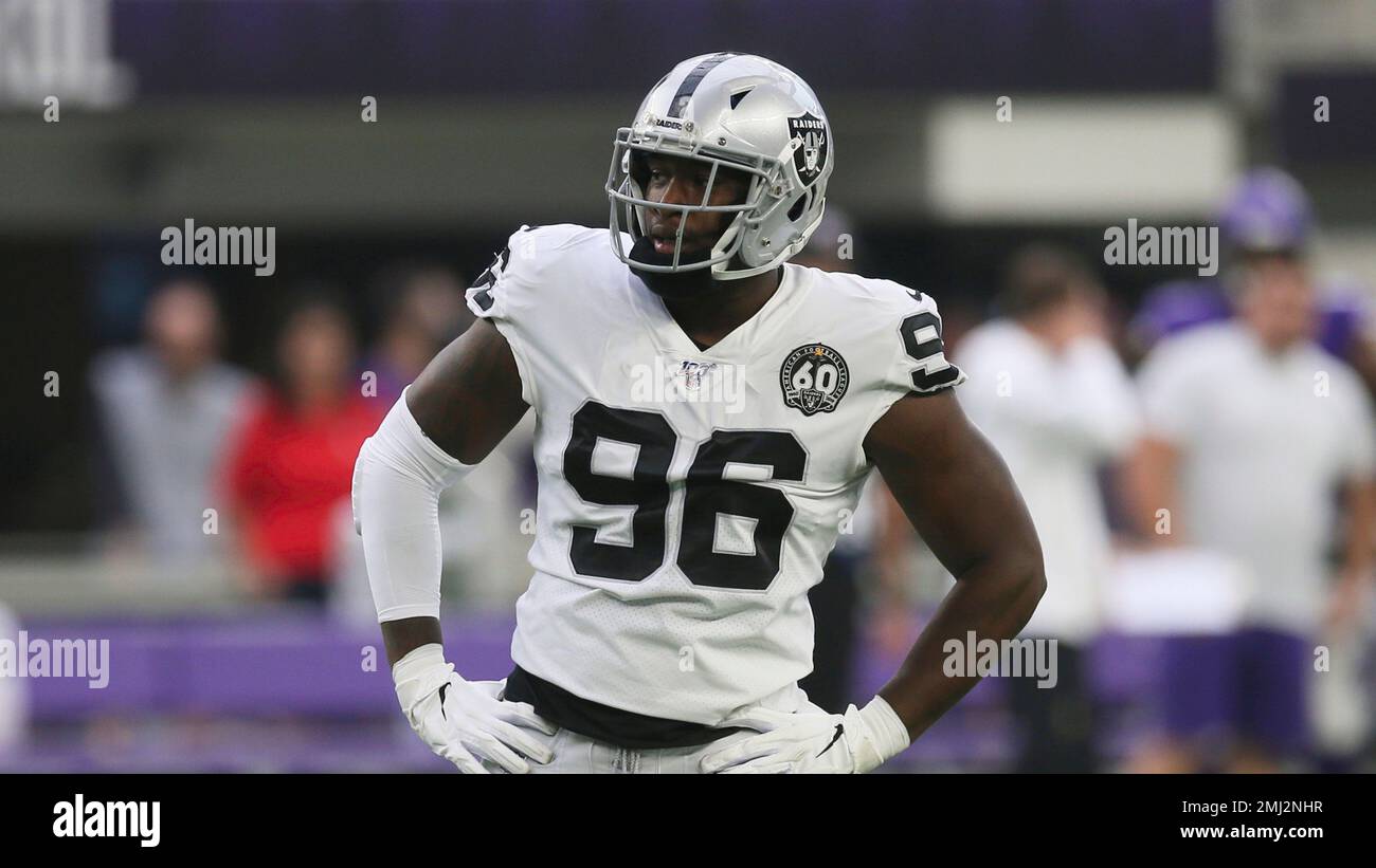 East Rutherford, New Jersey, USA. 24th Nov, 2019. Oakland Raiders defensive  end Clelin Ferrell (96) during a NFL game between the Oakland Raiders and  the New York Jets at MetLife Stadium in