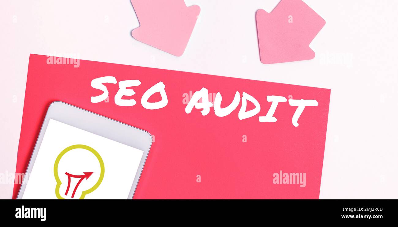 Text caption presenting Seo Audit, Word for Search Engine Optimization validating and verifying process Stock Photo