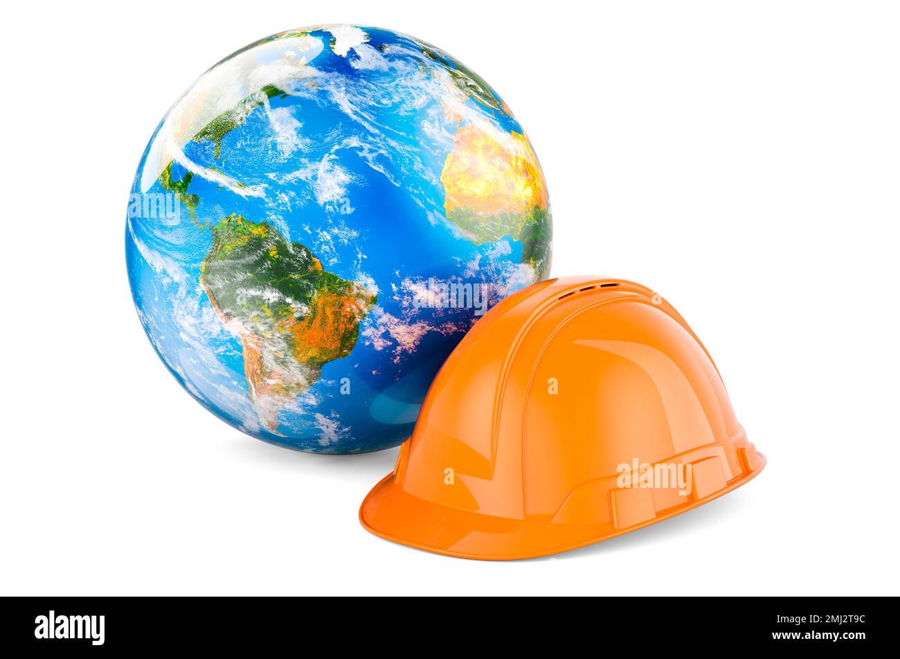 Construction Orange Hard Hat with Earth Globe, 3D rendering isolated on
