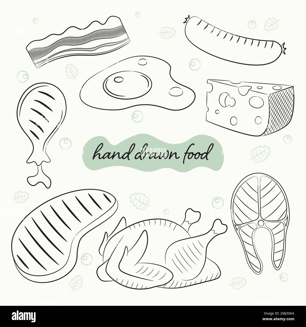 a set of hand drawn meat food, fried eggs and cheese Stock Vector